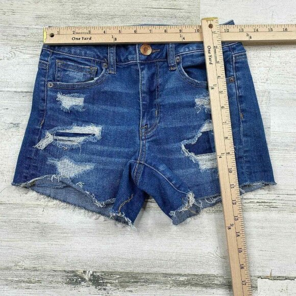 American Eagle Jean Shorts Womens 2 Super Stretch Distressed Blue Cutoff Patches - Picture 8 of 8